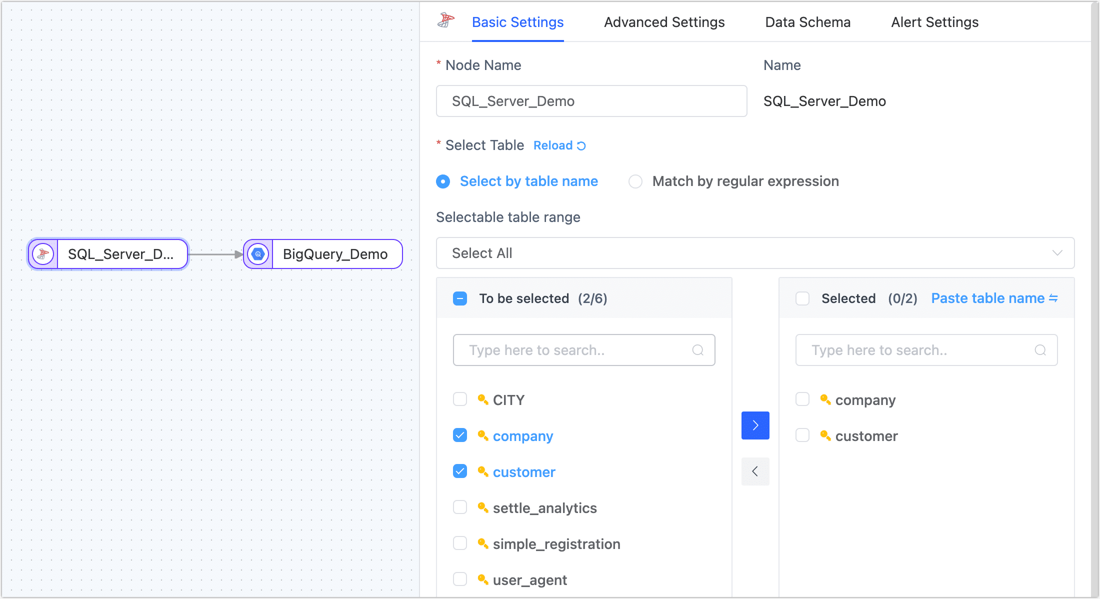 Select a table to synchronize